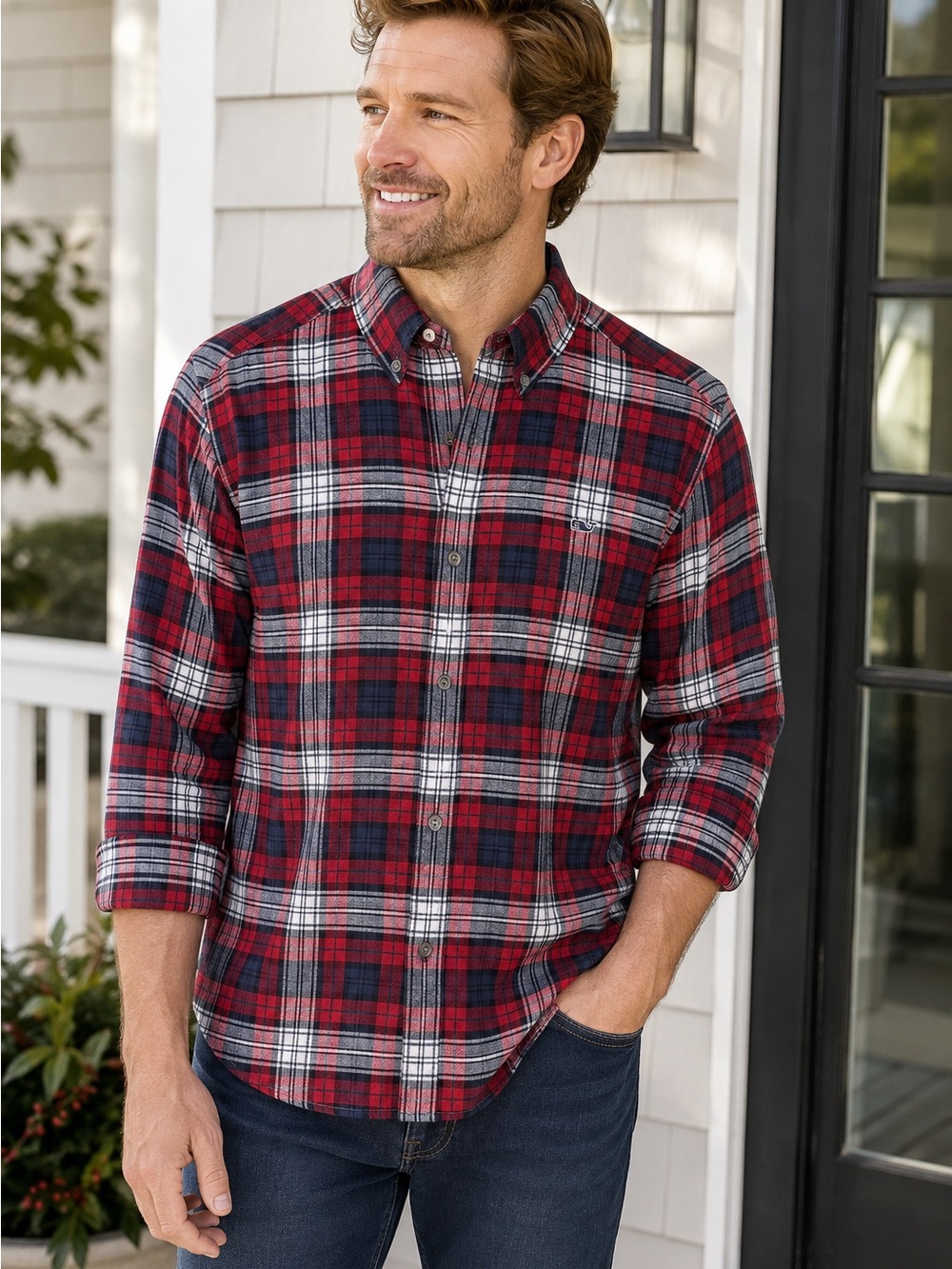 Vineyard Vines Mens M Classic Plaid Red NavyFlannel Preppy Button Down Shirt